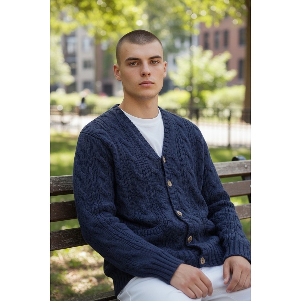 Vtg J Crew Oarsman Chunky Cable‎ Knit Fisherman Cardigan Grandpa Core Blue L